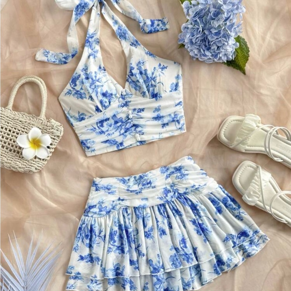 Floral Summer Body-con V Neck Backless Top & Ruffled Layered Skirt 2 Piece Set